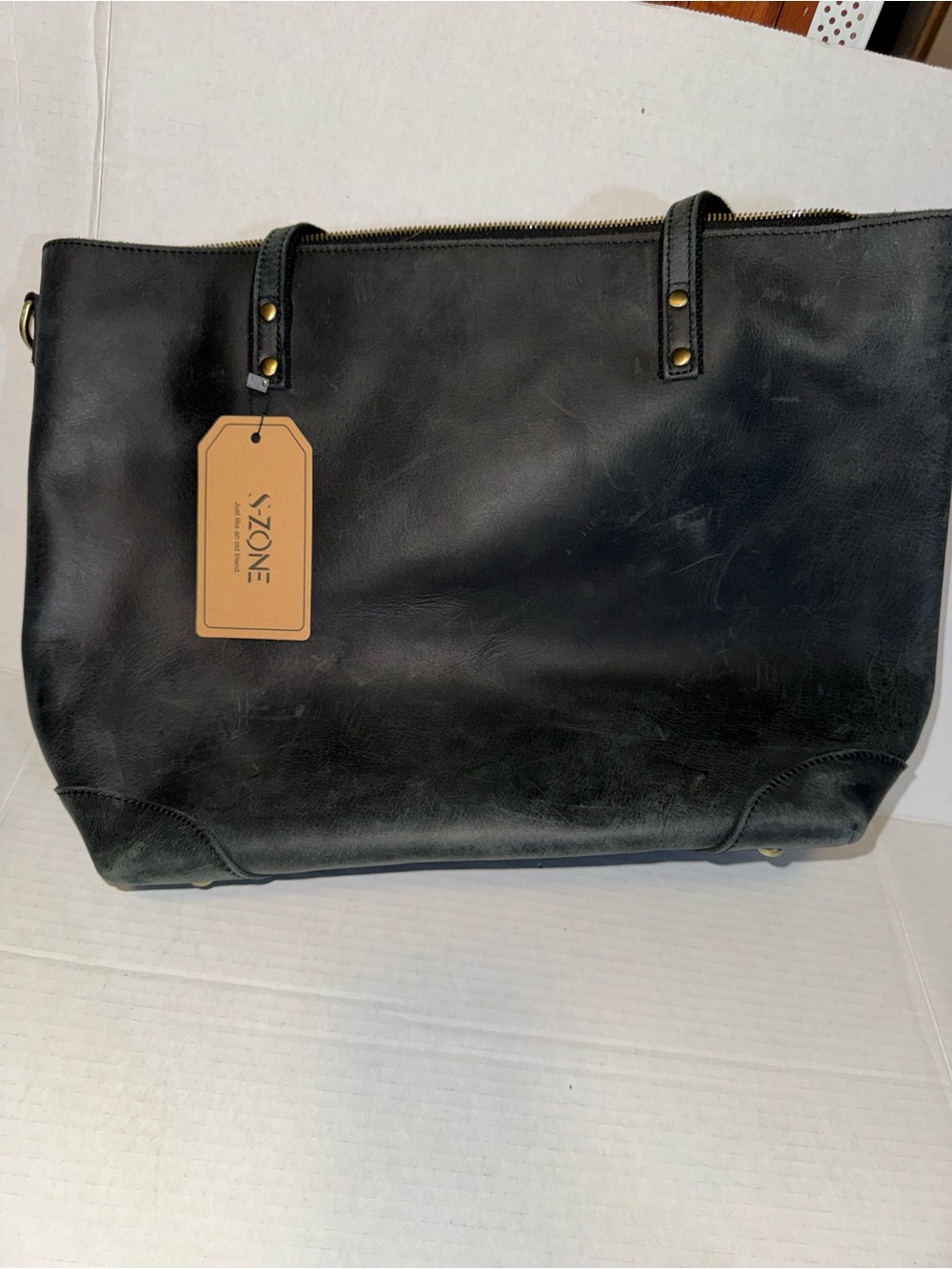 S'Zone Black Leather Tote Bag - Classic Everyday Carryall